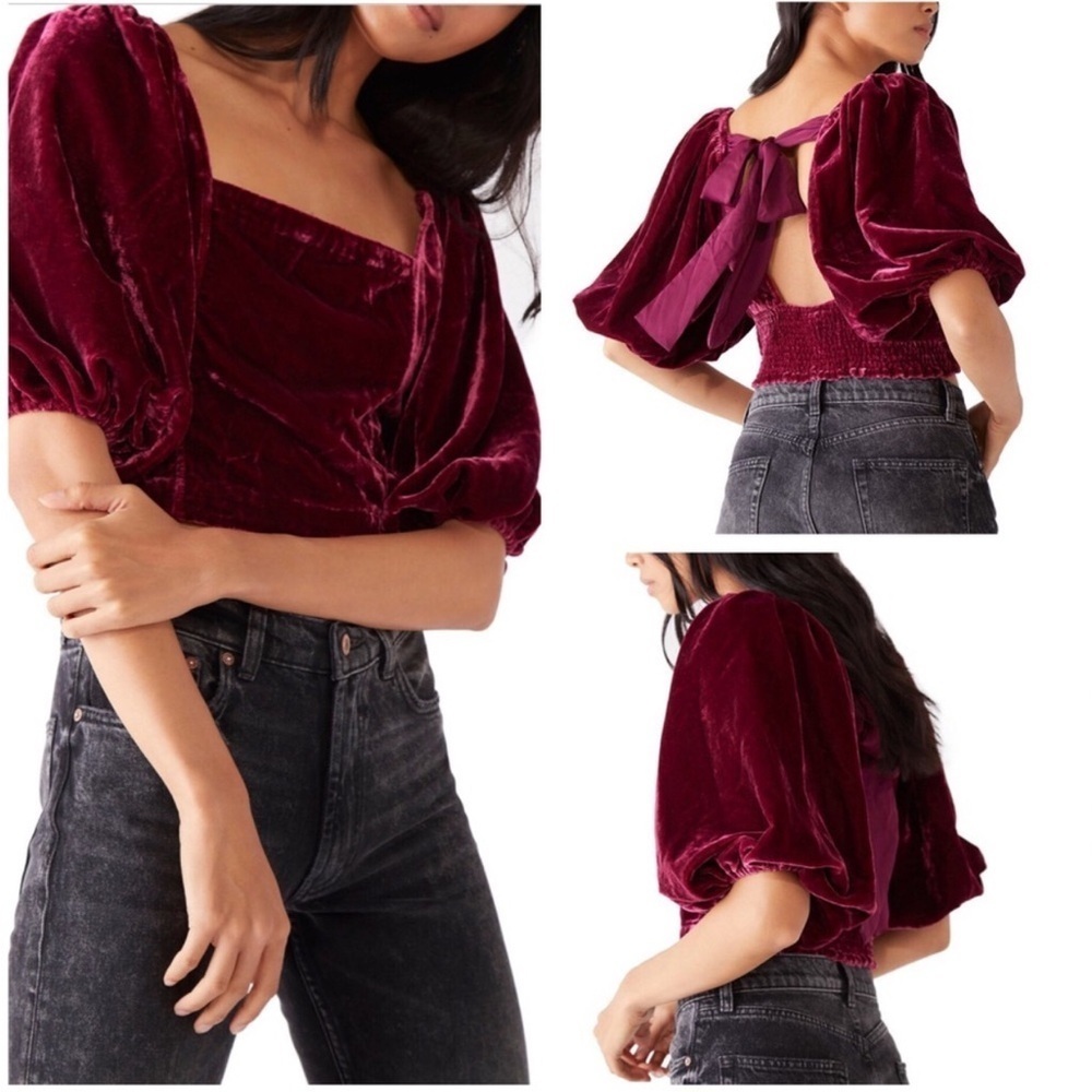 Free People Marie Velvet Open Back Crop Top Balloon Sleeves Red Small NWT